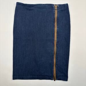 LAUREN Ralph Lauren Denim Midi Length Skirt with Leather Trim Zipper Slit Size 4